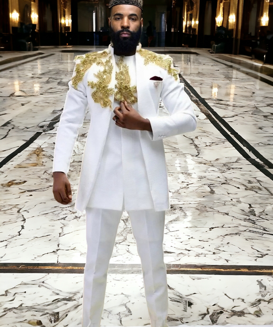 Golden Sovereign Men's Dashiki 3 Pieces Arab African Luxury Suit with Gold Appliques  Beads