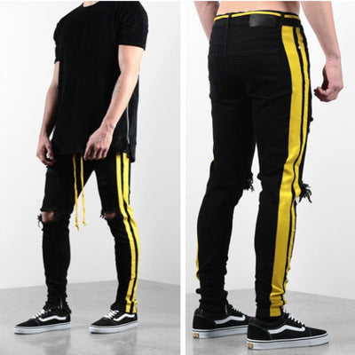 Develata Men's Black Jeans Yellow stripes