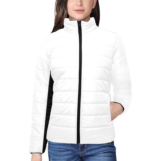 Off The Grid - Women's White Padded Jacket w/ Black Trim Stand Collar - ENE TRENDS -custom designed-personalized-near me-shirt-clothes-dress-amazon-top-luxury-fashion-men-women-kids-streetwear-IG
