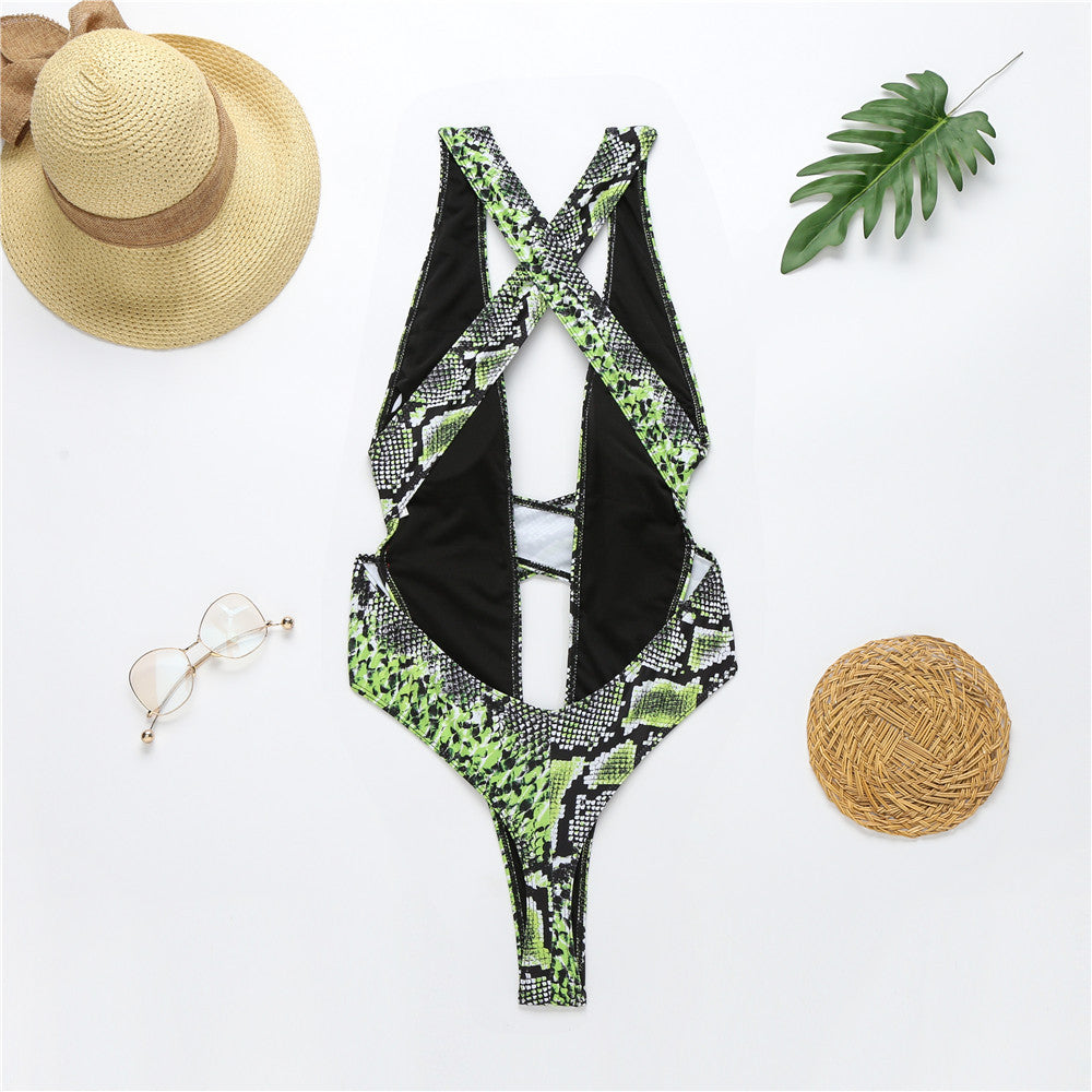 Reveal snake print one-piece swimsuit_deep V-neck and low back design_one-piece is perfect for beach days, pool parties