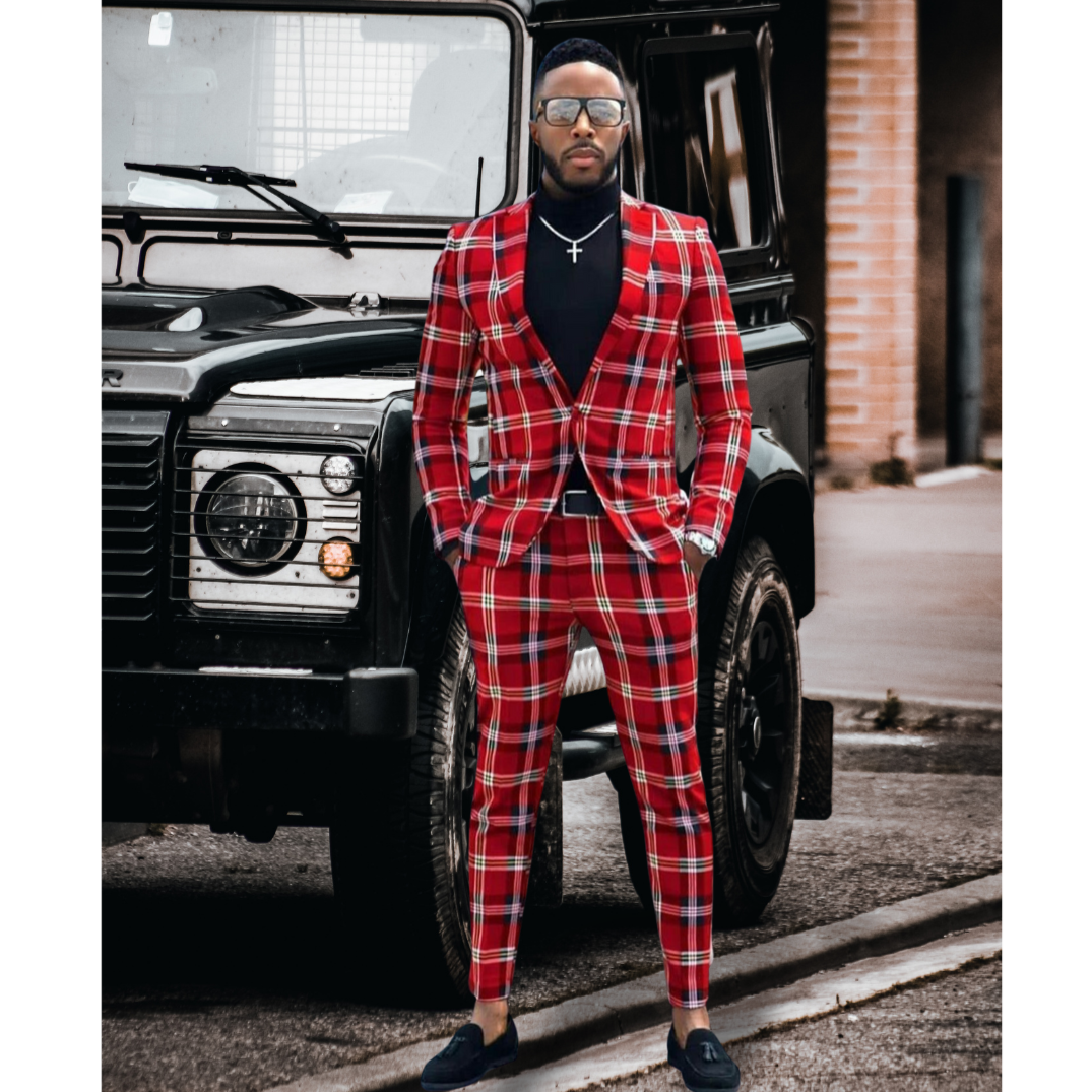 Mens Red Plaid Notched Lapel 2 Pieces Slim Fit Suit-ene trends clothing store