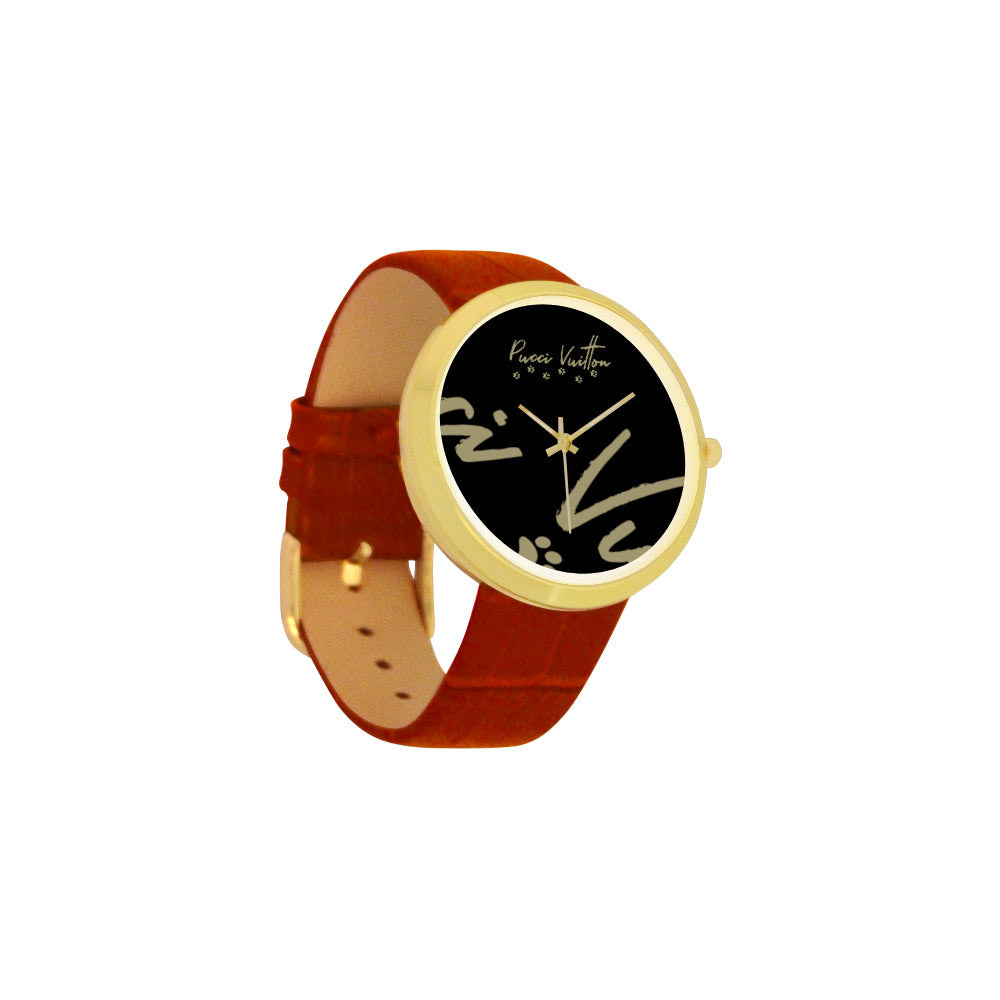 Pucci Vuitton LGO Gold Women's Leather Strap Watch - ENE TRENDS -custom designed-personalized-near me-shirt-clothes-dress-amazon-top-luxury-fashion-men-women-kids-streetwear-IG