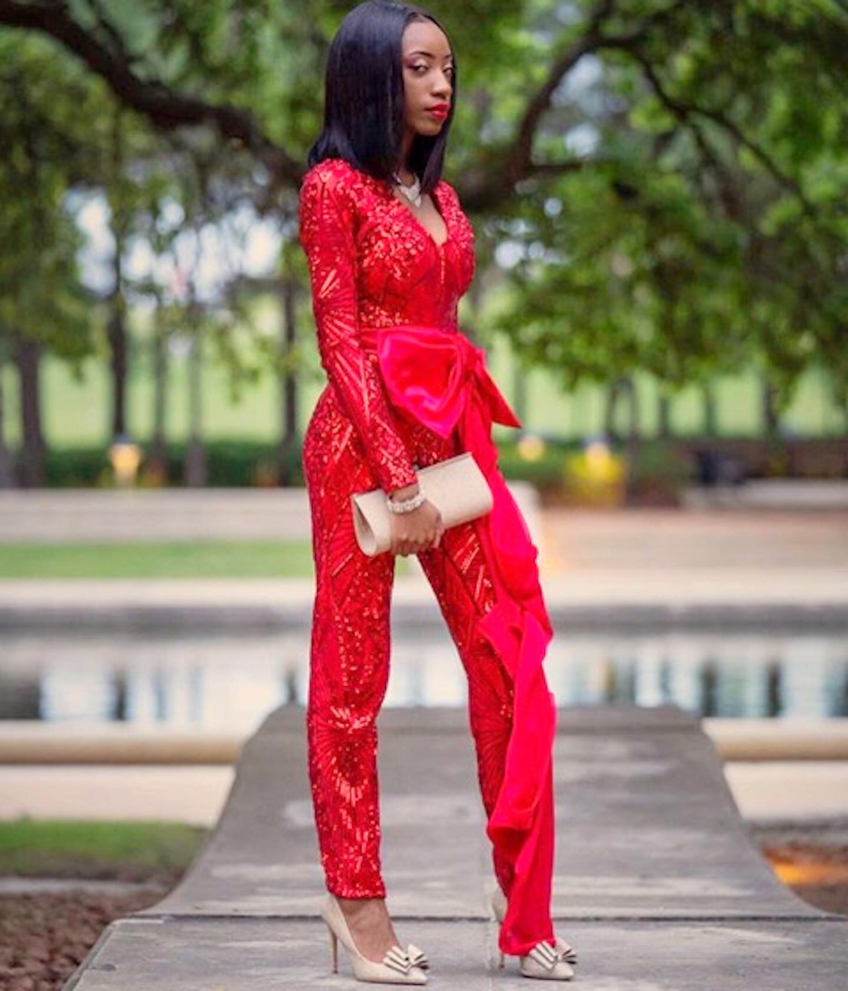 Red Luminous Sheer Sequin w Satin Jumpsuit ENE TRENDS