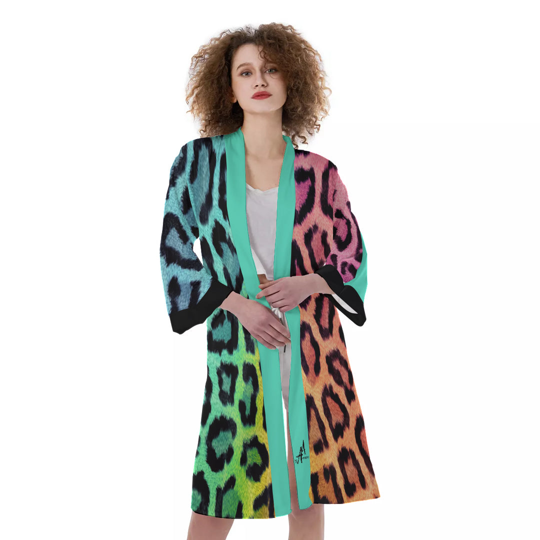Rainbow Cheetah Tie-Dye Women's Satin Kimono Robe