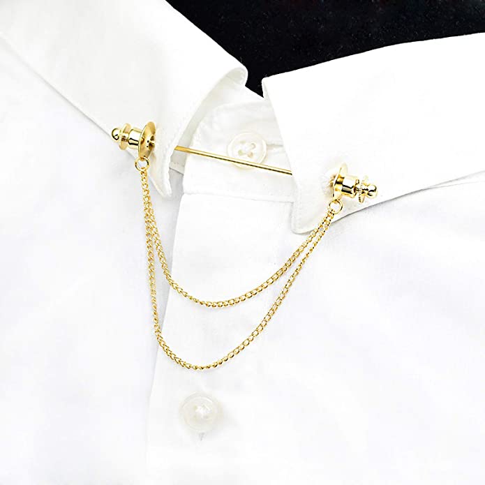 Men's Gold Plated Shirt Collar Pin with Double Chains Tassel - ENE TRENDS -custom designed-personalized-near me-shirt-clothes-dress-amazon-top-luxury-fashion-men-women-kids-streetwear-IG