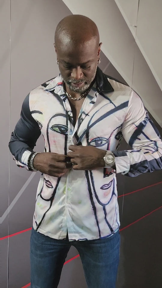 Abstract Gemini Split Men's Imitation Silk Long-Sleeved Shirt