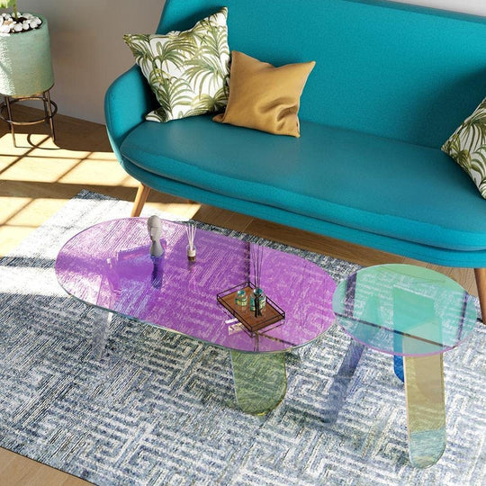 Acrylic Rainbow Color Coffee Table, Iridescent Glass End Table, Round Side Table, Modern, Accent TV Table for Living Bed Room Decoration, small