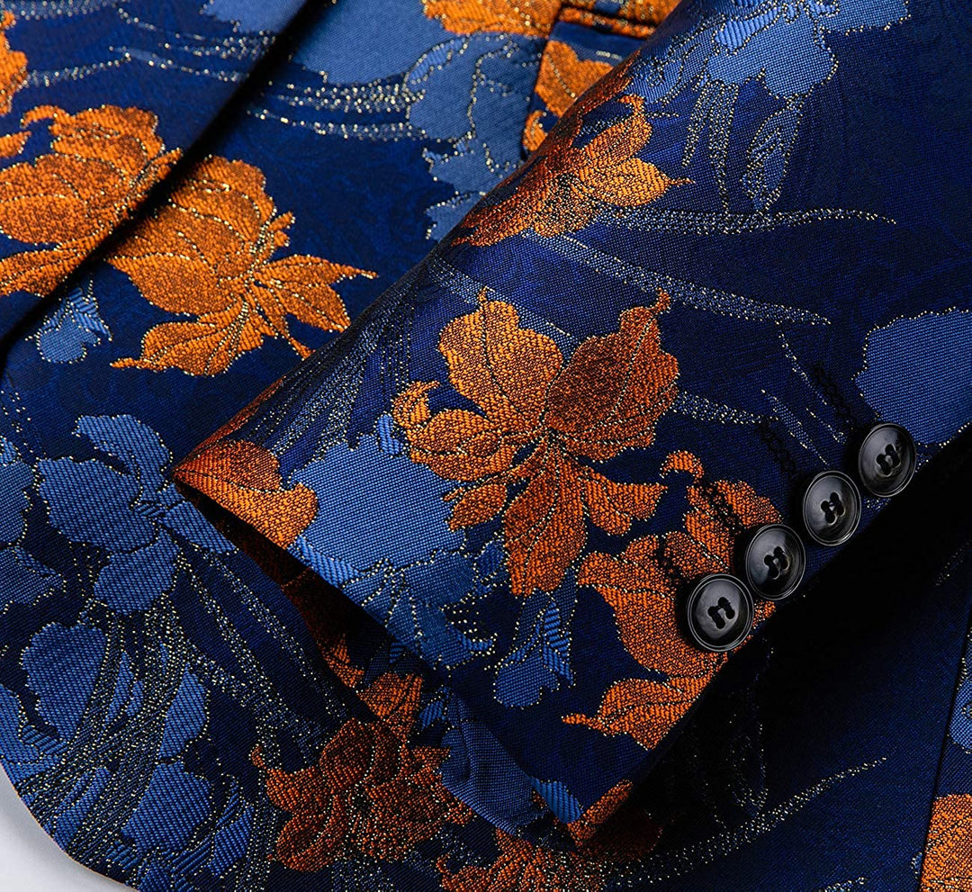Men's Blue Orange Slim-Fitting Fashionable Flat-Collar Party Blazer Jacquard Flower Pattern - ENE TRENDS -custom designed-personalized- tailored-suits-near me-shirt-clothes-dress-amazon-top-luxury-fashion-men-women-kids-streetwear-IG-best