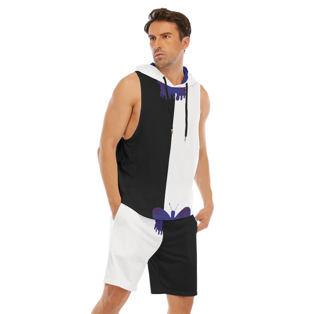 Butterfly Drip Men's Sleeveless Vest And Shorts Sets-butterfly-drip-design-blue-black and white