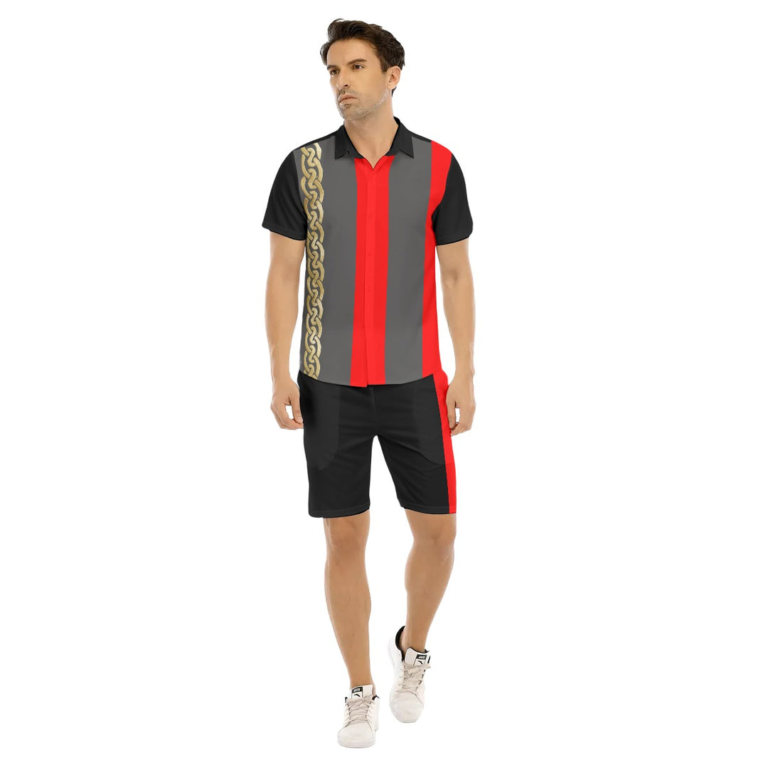 Red Stripe Black Men's Short Sleeve Shirt and Shorts Sets - ENE TRENDS -custom designed-personalized-near me-shirt-clothes-dress-amazon-top-luxury-fashion-men-women-kids-streetwear-IG