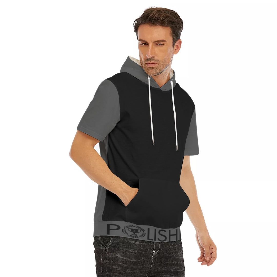 Polished Black Gray Men's Cotton T-Shirt With Hood
