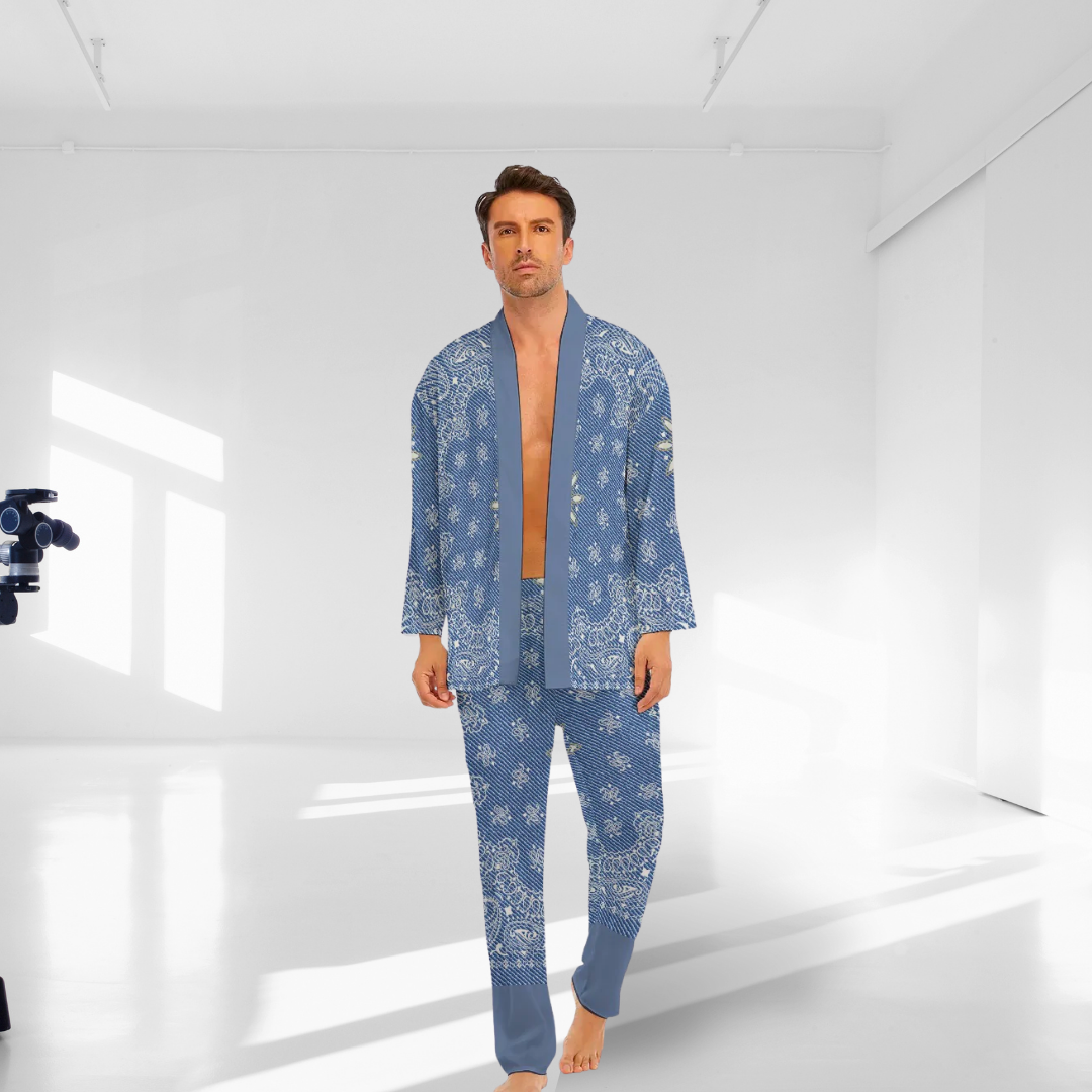 Paisley Drip Jean Effect Men's Imitation Silk Pajama Sets