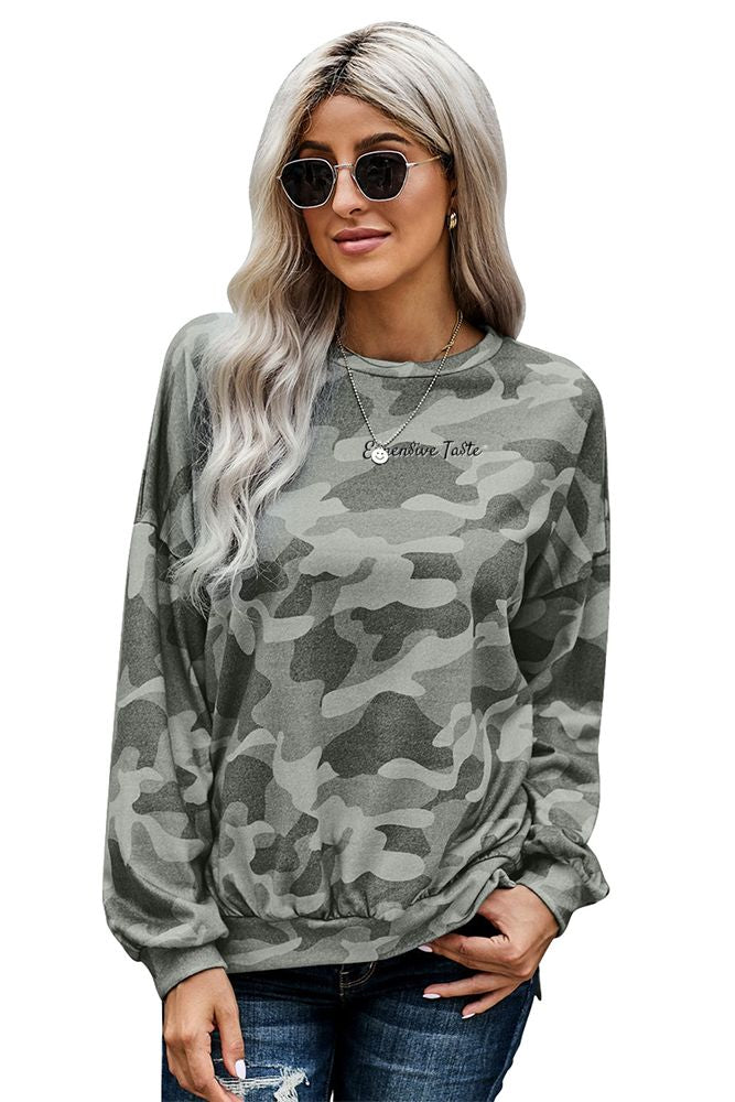 luxury asymmetrical sweater, trendy, fashion, influencer, IG, camo, camouflage, green, pale, beige  