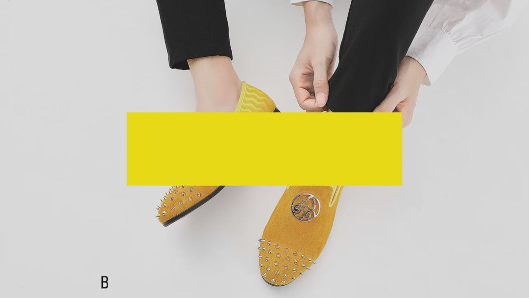 Florya Handmade Yellow Leather Men Metal Spiked Fashion Loafers