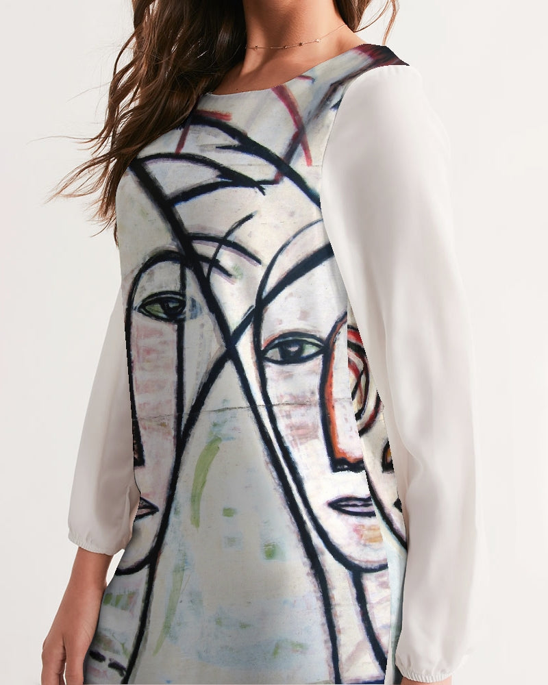 Abstract Gemini Handmade Women's Long Sleeve Chiffon Dress - ENE TRENDS -custom designed-personalized-near me-shirt-clothes-dress-amazon-top-luxury-fashion-men-women-kids-streetwear-IG