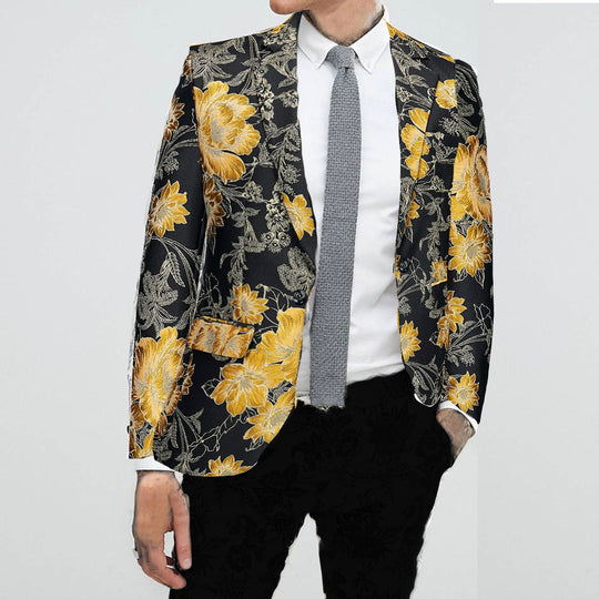 Men's Black Yellow Slim-Fitting Elegant Tuxedo Jacket Party Blazer_gold