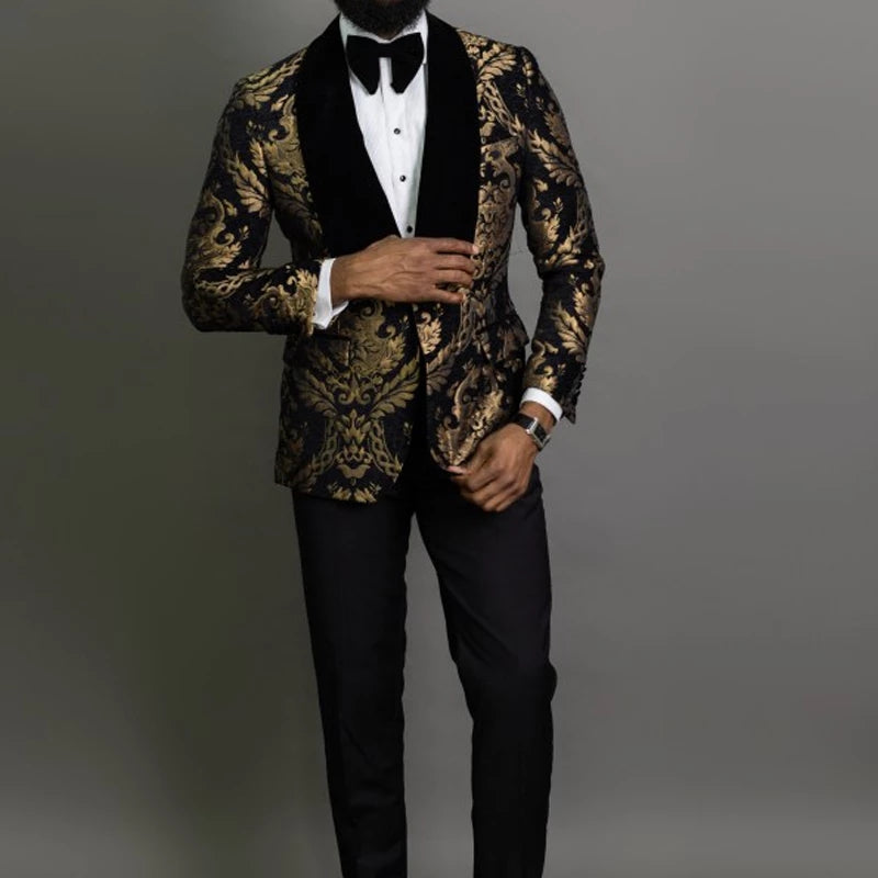 Di' Gentlemen's Black Gold Floral Jacquard 2 Pc Slim Fit Suit_ ENE TRENDS- Home coming -popular- fast shipping