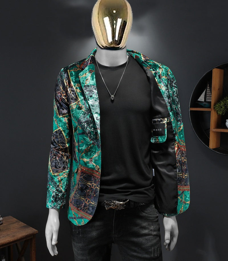 male blazer suit jacket men slim fit, green, gold, pattern
