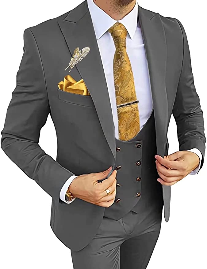 Finnegan dark Gray Gold buttons Single-Breasted 3 Piece Slim Fit Lapel Suit (Blazer+Pants+Vest) - ENE TRENDS -custom designed-personalized- tailored-suits-near me-shirt-clothes-dress-amazon-top-luxury-fashion-men-women-kids-streetwear-IG-best