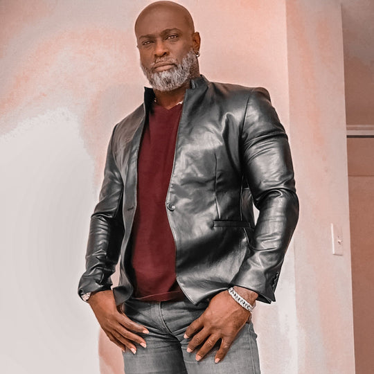 Gabriel Bush_wearing Men's Slim One Button Business Casual PU Leather Jacket_ENETrends-Director of Mens Fashion