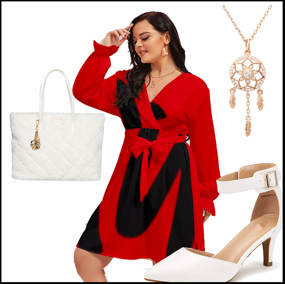 Red-D Dress Plus Size V-neck Dress With Waistband - ENE TRENDS -custom designed-personalized-near me-shirt-clothes-dress-amazon-top-luxury-fashion-men-women-kids-streetwear-IG