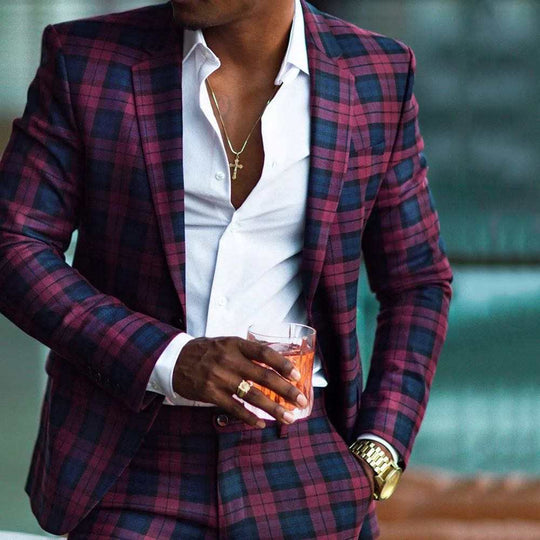 Mens Red Plaid Notched Lapel 2 Pieces Slim Fit Suit Made to order - ENE TRENDS -custom designed-personalized- tailored-suits-near me-shirt-clothes-dress-amazon-top-luxury-fashion-men-women-kids-streetwear-IG-best
