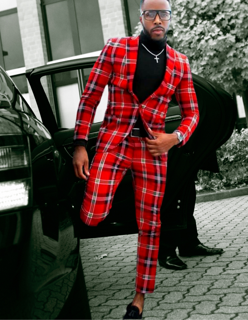 Mens Red Plaid Notched Lapel 2 Pieces Slim Fit Suit- business fashion- unique clothes