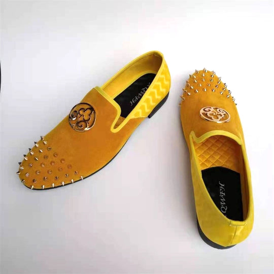 Florya Handmade Yellow Leather Men Metal Spiked Fashion Loafers