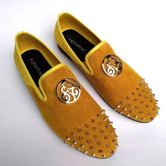 Florya Handmade Yellow Leather Men Metal Spiked Fashion Loafers - ENE TRENDS -custom designed-personalized-near me-shirt-clothes-dress-amazon-top-luxury-fashion-men-women-kids-streetwear-IG