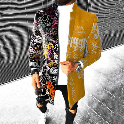 E-Money Graffiti Art New Fashion Stand Collar Top Mid Length Coat