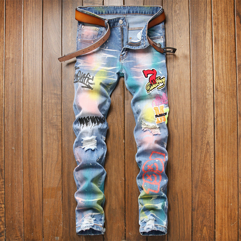 Patchwork Colored Painted Denim Jeans Stretch Ripped Pants