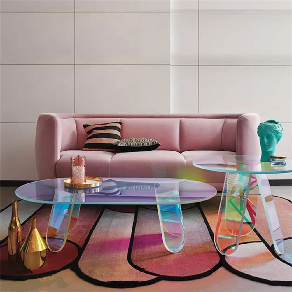 Acrylic Rainbow Color Coffee Table, Iridescent Glass End Table, Round Side Table, Modern, Accent TV Table for Living Bed Room Decoration, small