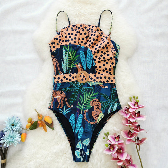 Leopard Print Asymmetrical Ruffle One-piece Swimsuit