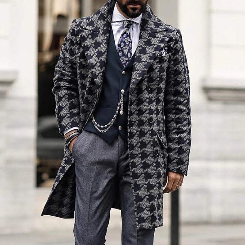 Mens Vintage Houndstooth Double Breasted Cardigan Coat Jacket