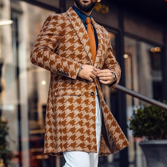 ENETRENDS | Mens Vintage Houndstooth Double Breasted Cardigan Coat