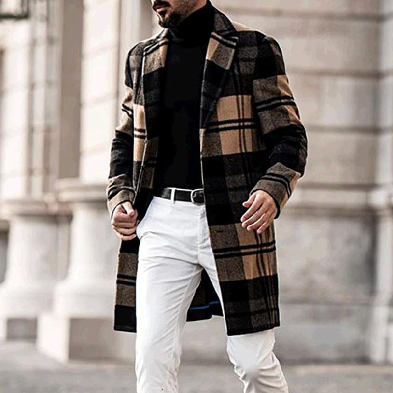 Mens Retro Lattice Print Mid-length Woolen Coat Jacket_trending for men_ENE Trends_cardigan