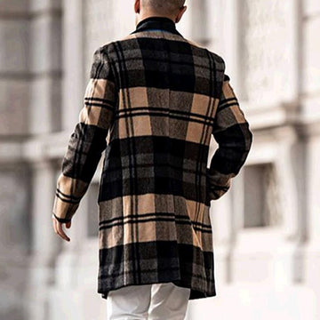 Mens Retro Lattice Print Mid-Length Woolen Style Coat Jacket