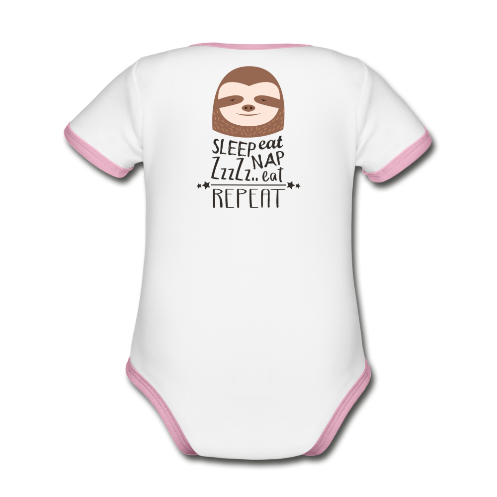 Organic Contrast Short Sleeve Baby Bodysuit - white/pink ,  Organic Contrast Short Sleeve Baby Bodysuit with Print on front and back.