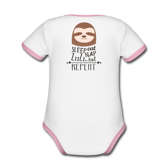 Organic Contrast Short Sleeve Baby Bodysuit - white/pink ,  Organic Contrast Short Sleeve Baby Bodysuit with Print on front and back.